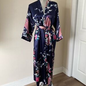 Fairy Grunge Bright Satin Peacock Floral Long Lounge Robe Blue Size Medium